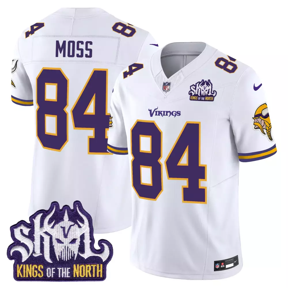 randy moss white mens minnesota vikings king of the north patch throwback game jersey all stitched