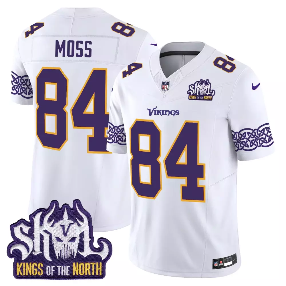 randy moss white mens minnesota vikings king of the north patch throwback game jersey all stitched