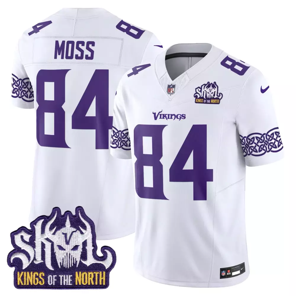 randy moss white mens minnesota vikings king of the north patch throwback game jersey all stitched