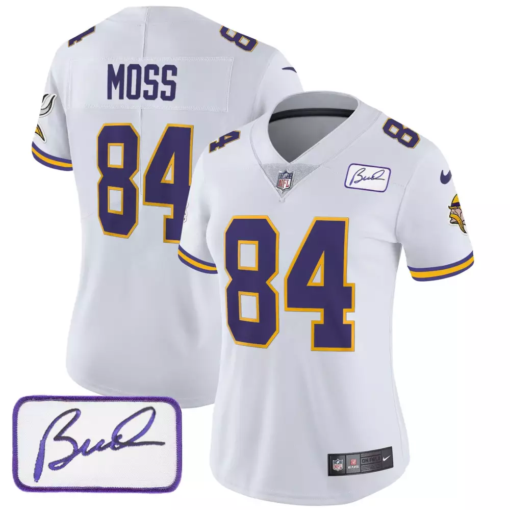 randy moss white womens minnesota vikings bud grant patch classic limited jersey v3 all stitched
