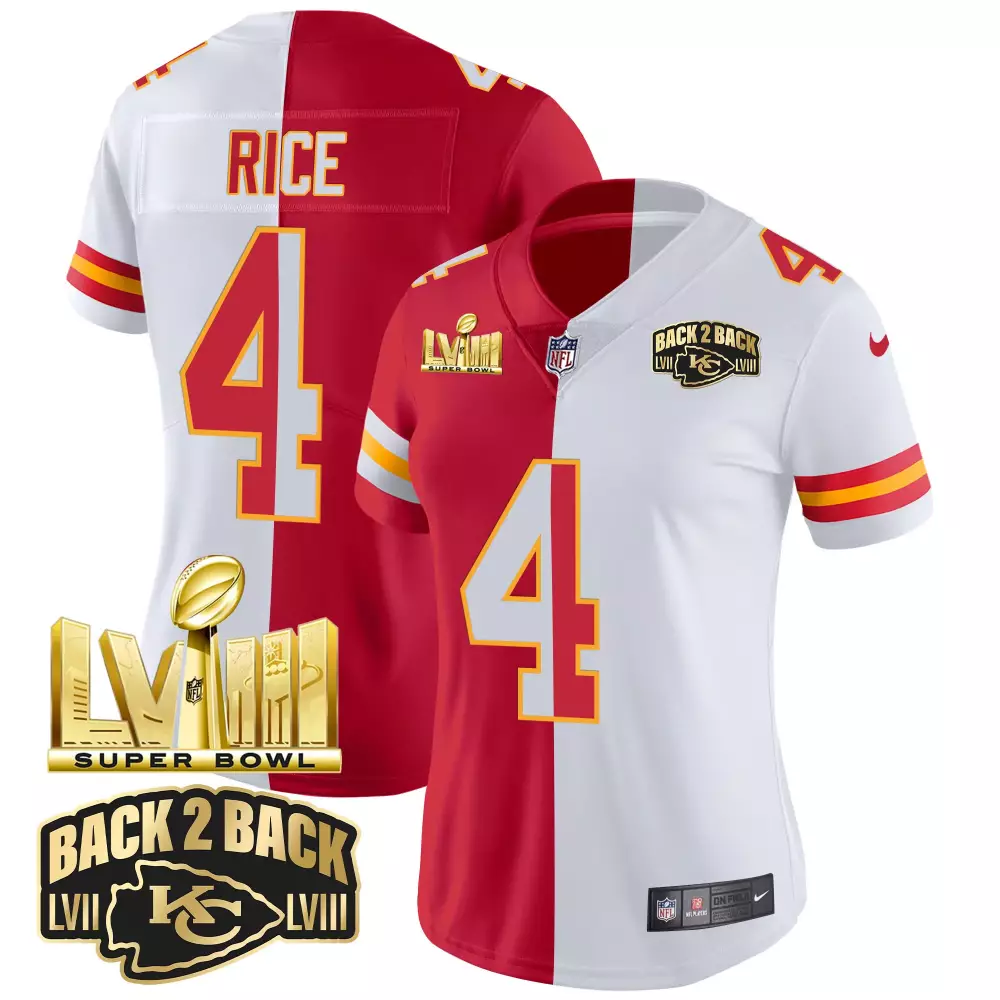 rashee rice split womens kansas city chiefs super bowl lviii back 2 back gold patch vapor jersey v2 all stitched
