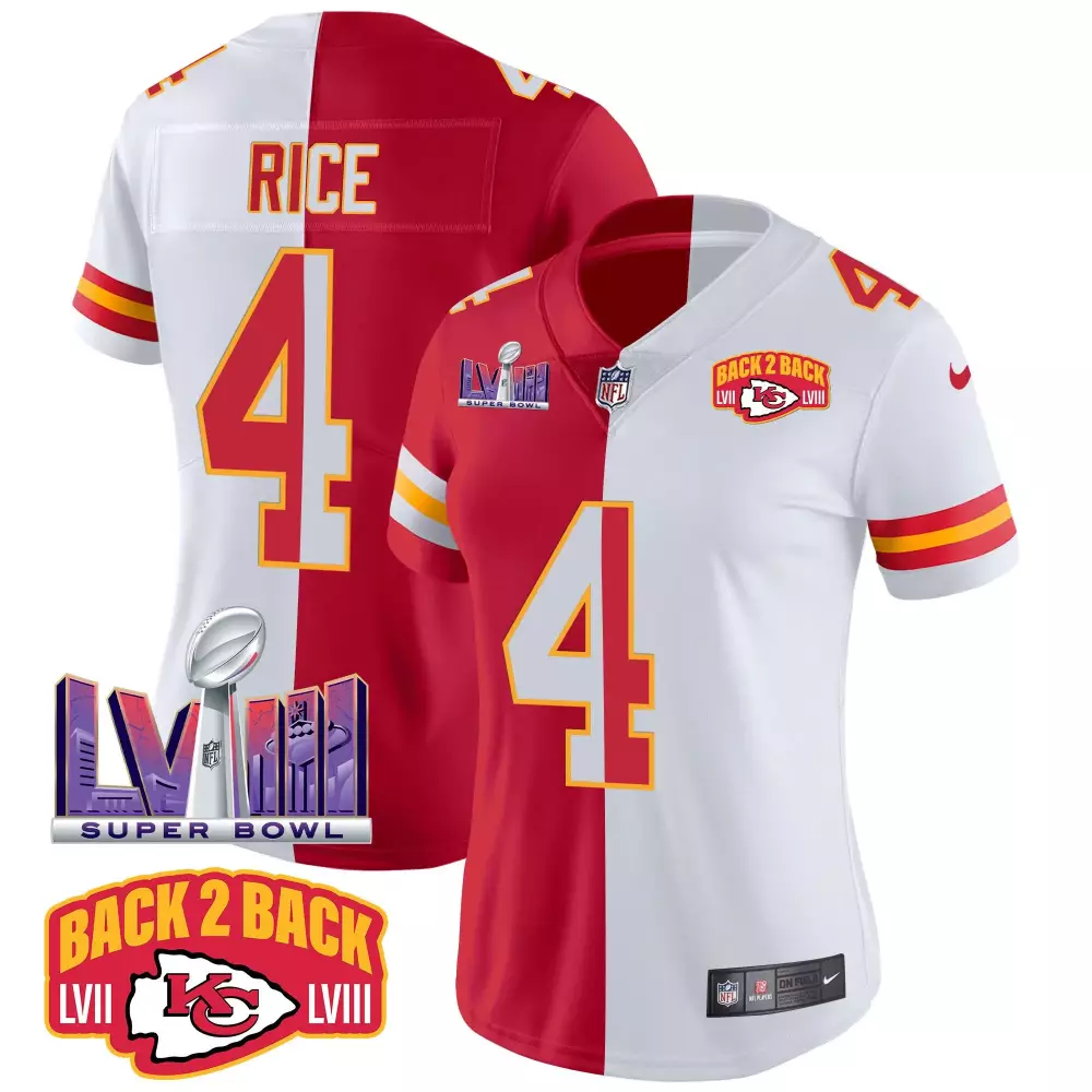 rashee rice split womens kansas city chiefs super bowl lviii back 2 back gold patch vapor jersey v2 all stitched