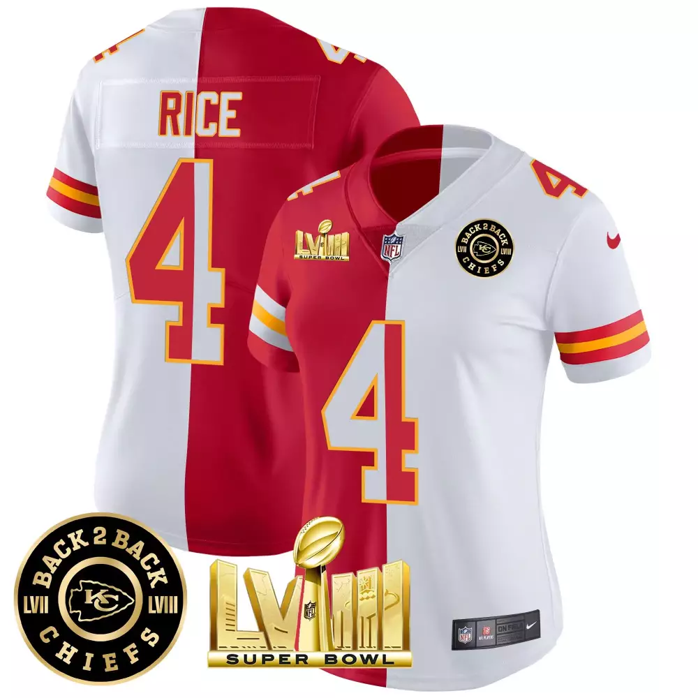 rashee rice split womens kansas city chiefs super bowl lviii back 2 back gold patch vapor jersey v2 all stitched
