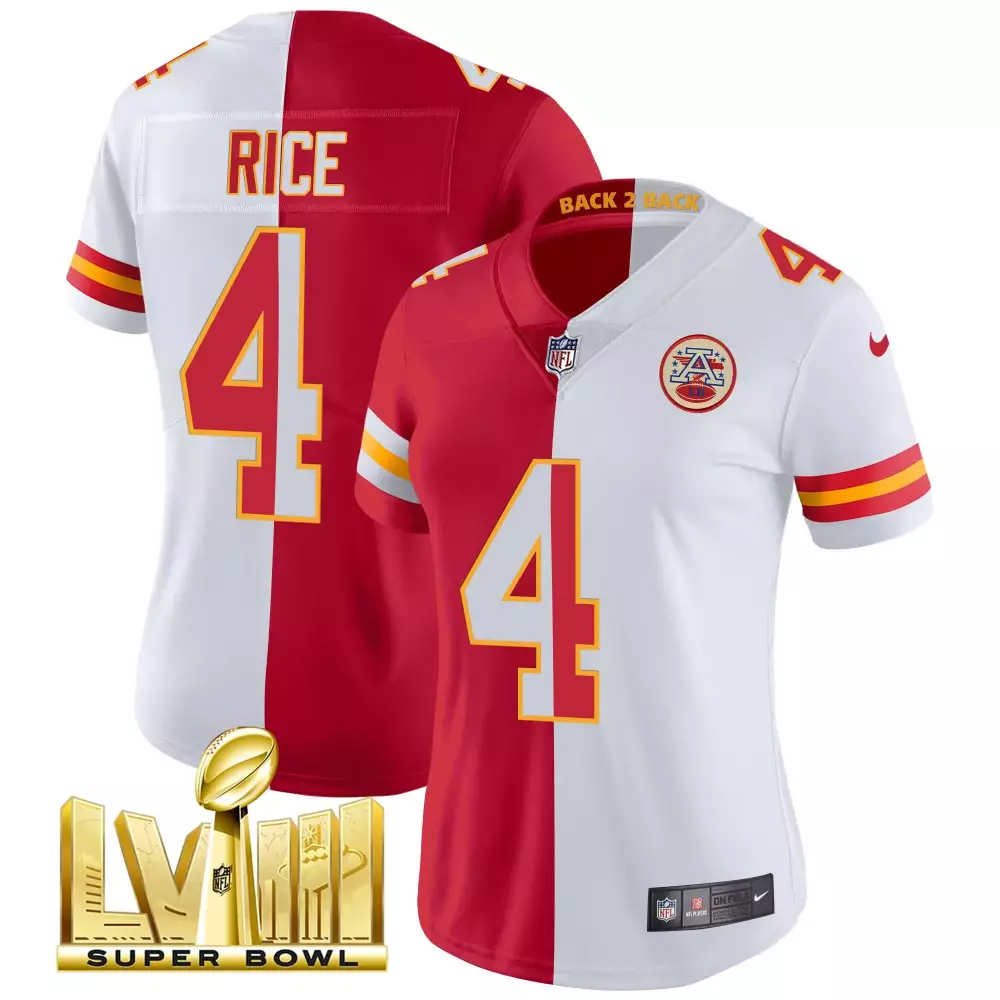 rashee rice split womens kansas city chiefs super bowl lviii back 2 back gold patch vapor jersey v2 all stitched