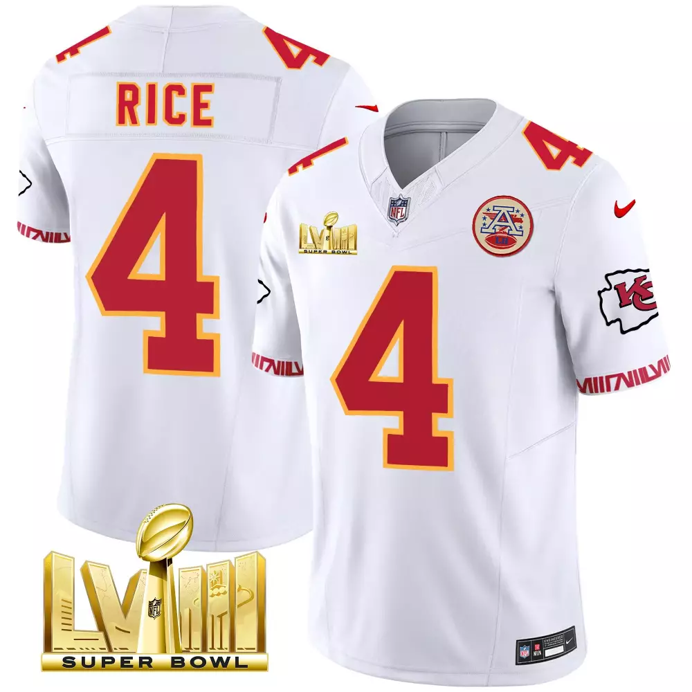 rashee rice white mens kansas city chiefs super bowl lviii pattern gold vapor jersey v2 all stitched