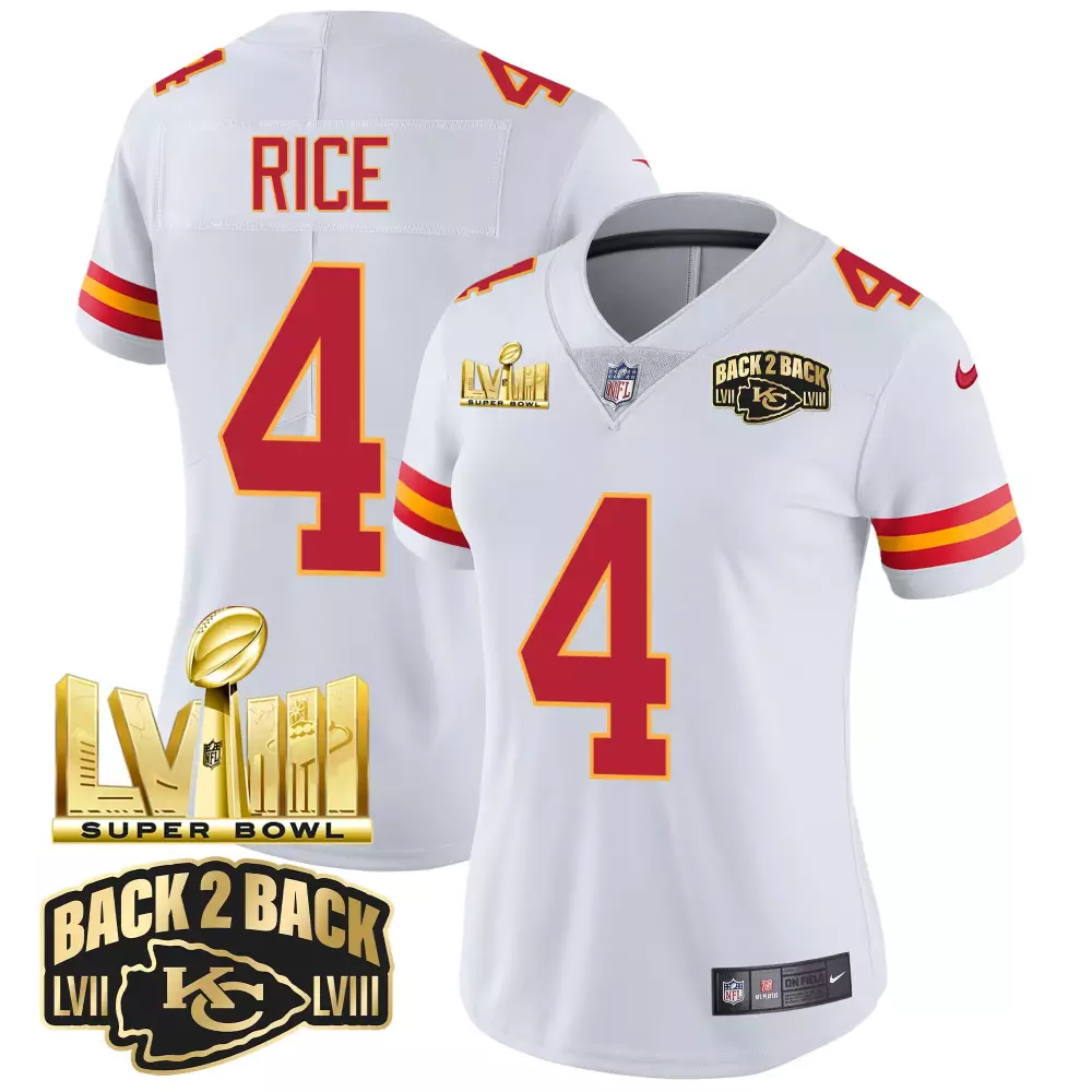 rashee rice white womens kansas city chiefs super bowl lviii back 2 back gold patch vapor jersey all stitched