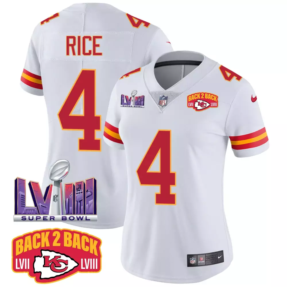 rashee rice white womens kansas city chiefs super bowl lviii back 2 back gold patch vapor jersey all stitched
