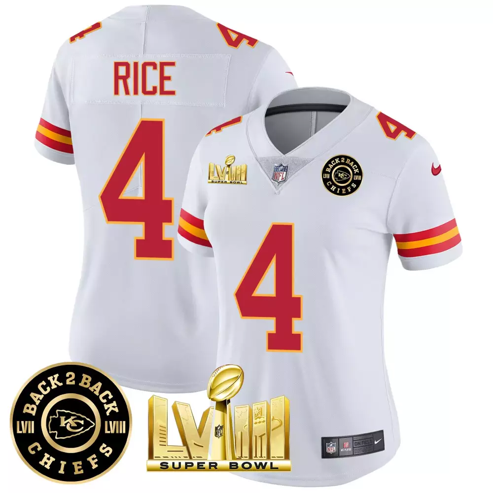 rashee rice white womens kansas city chiefs super bowl lviii back 2 back gold patch vapor jersey all stitched