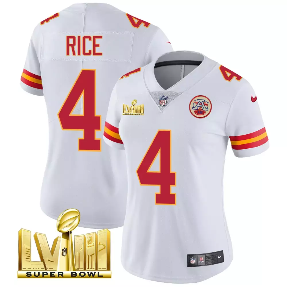 rashee rice white womens kansas city chiefs super bowl lviii back 2 back gold patch vapor jersey all stitched