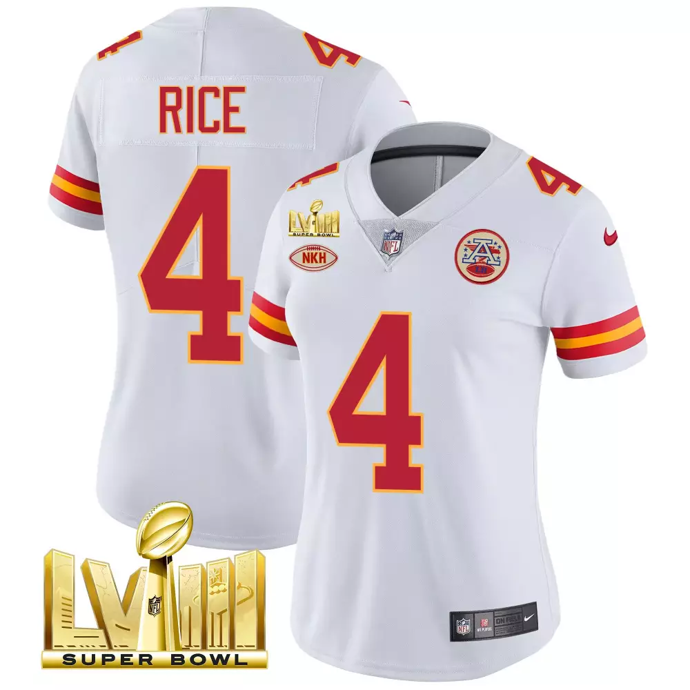 rashee rice white womens kansas city chiefs super bowl lviii back 2 back gold patch vapor jersey all stitched