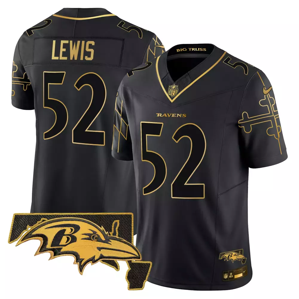 Ray Lewis Ravens Black Gold Jersey | Maryland Flag Map Patch | Gold Vapor Limited Edition for Men, Women & Youth