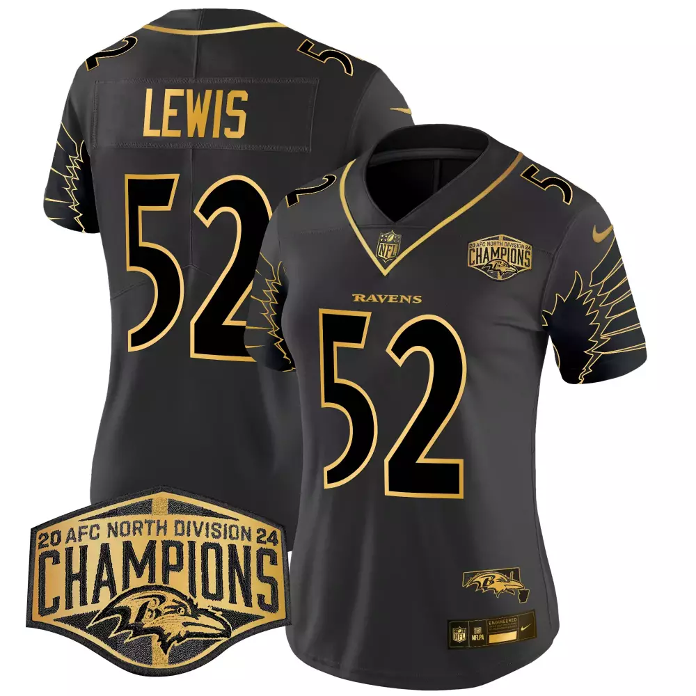 Ray Lewis Ravens 2024 Black Gold Jersey | AFC North Champions Patch | Limited Edition for Women & Youth
