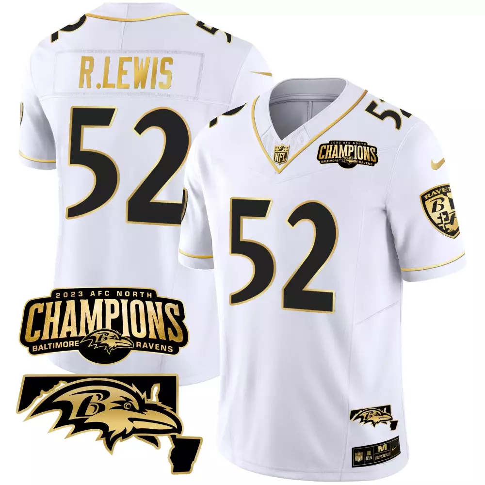 Ray Lewis Men's White Gold Jersey | Baltimore Ravens AFC North Champions Patch | Gold Vapor | For Men, Women & Youth