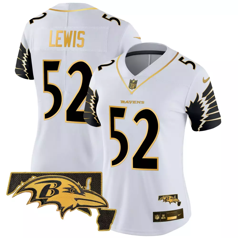 Ray Lewis Baltimore Ravens 2024 Gold Vapor Jersey | White Gold Maryland Patch | Stitched Fan Gear for Women
