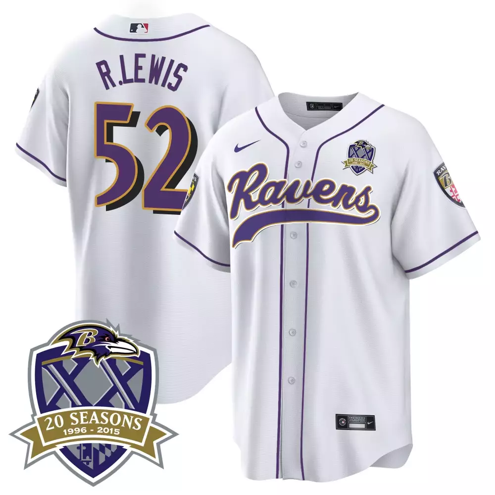 Ray Lewis Baltimore Ravens White 20th Season Patch Baseball Jersey | Stitched Design | Fan Gear for Men, Women & Youth