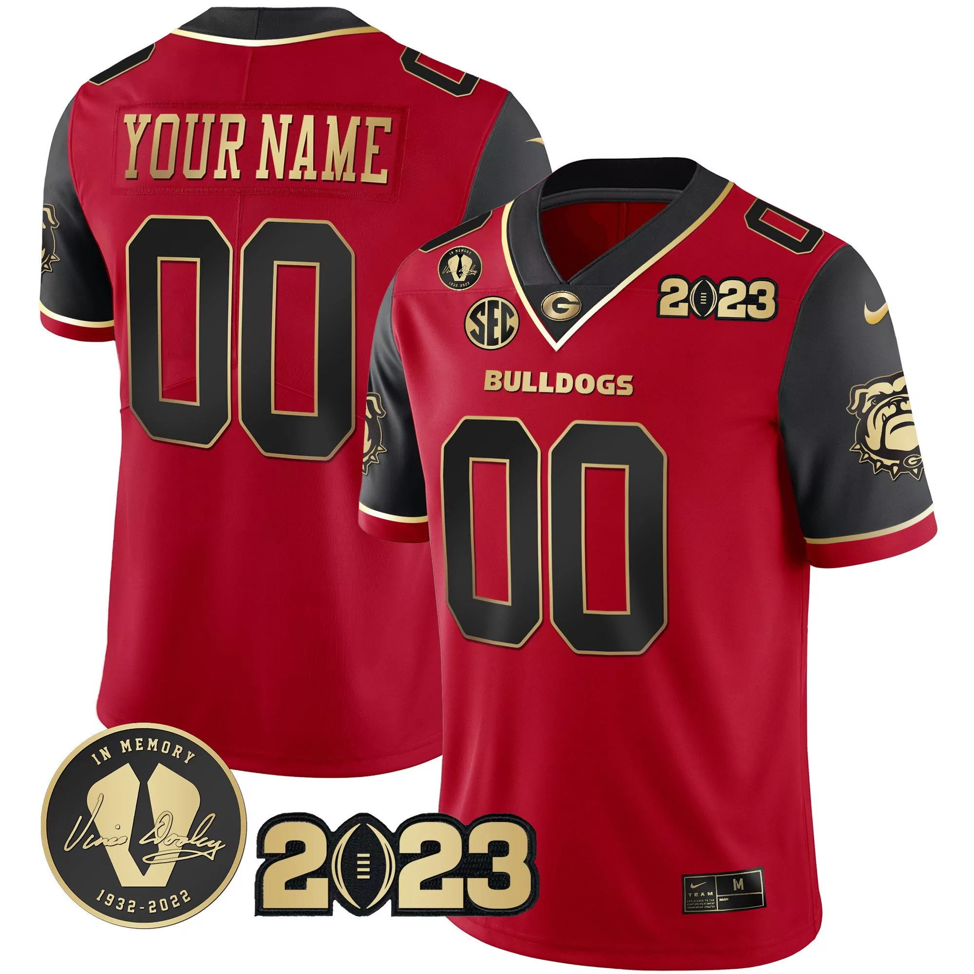 red gold trim youth georgia bulldogs 2023 champions v2 custom jersey all stitched