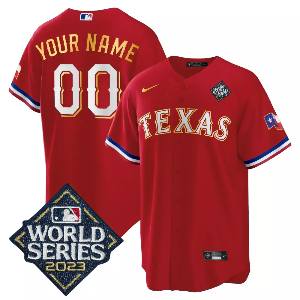 red men texas rangers 2023 world series cool base gold trim custom jersey v2 all stitched