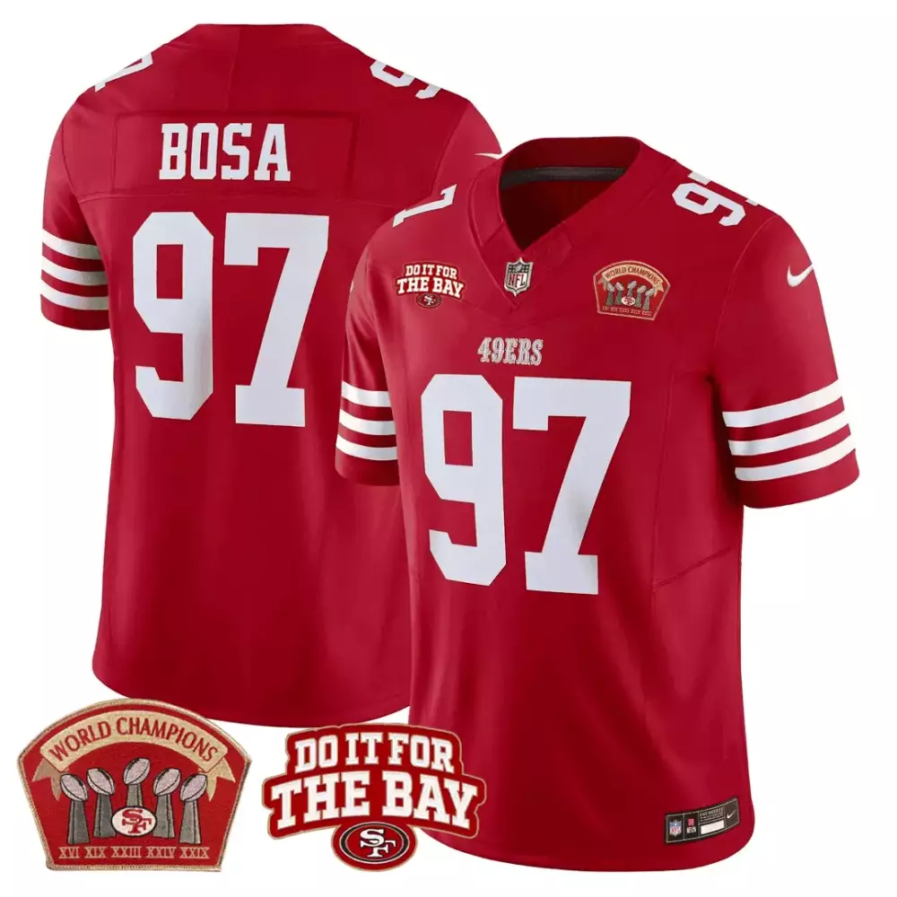 Nick Bosa Red Limited Men's 49ers 5x World Champions Do It for the Bay Patch Jersey | Stitched | Fan Gear for Men, Women & Youth