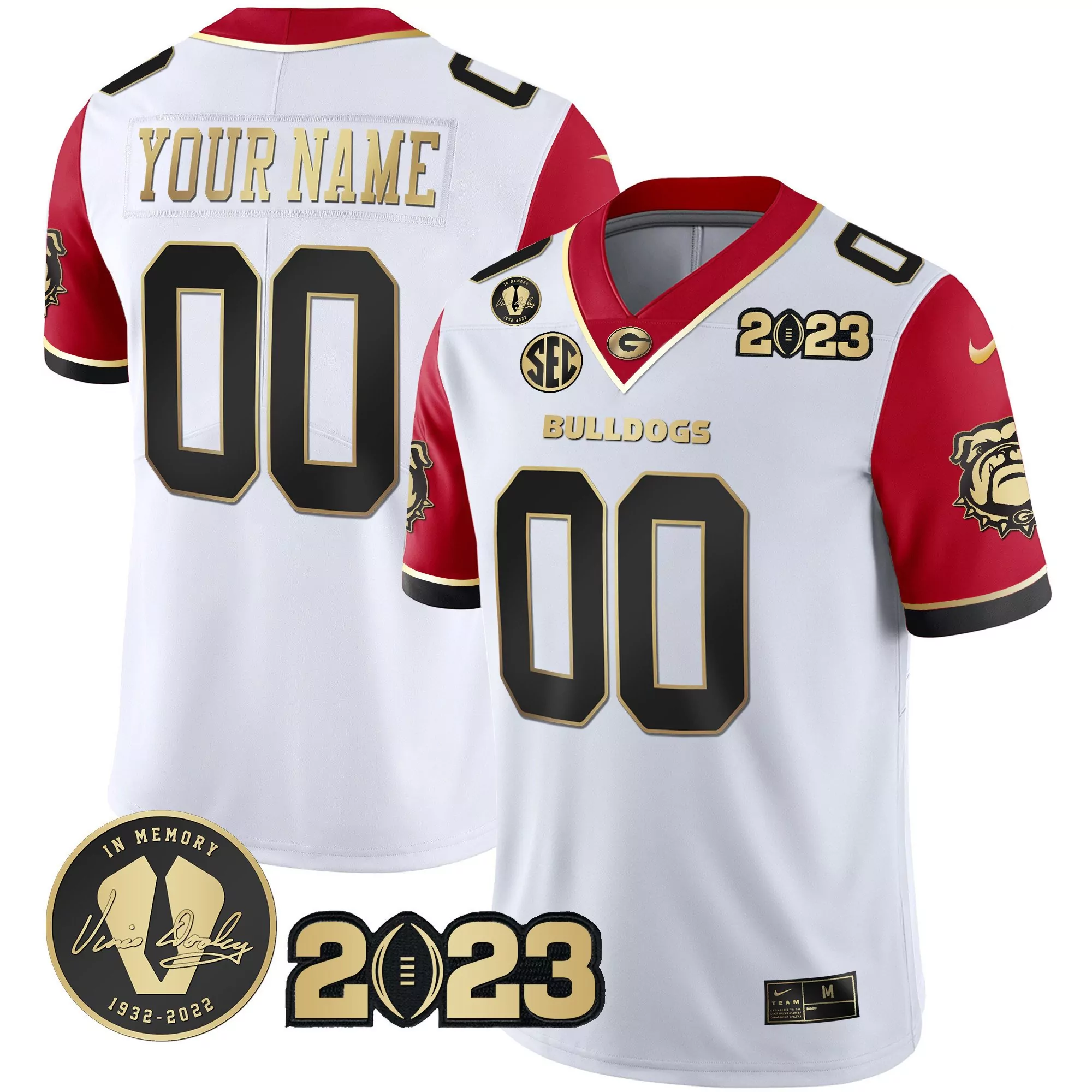 red sleeves men georgia bulldogs 2023 champions gold custom jersey all stitched