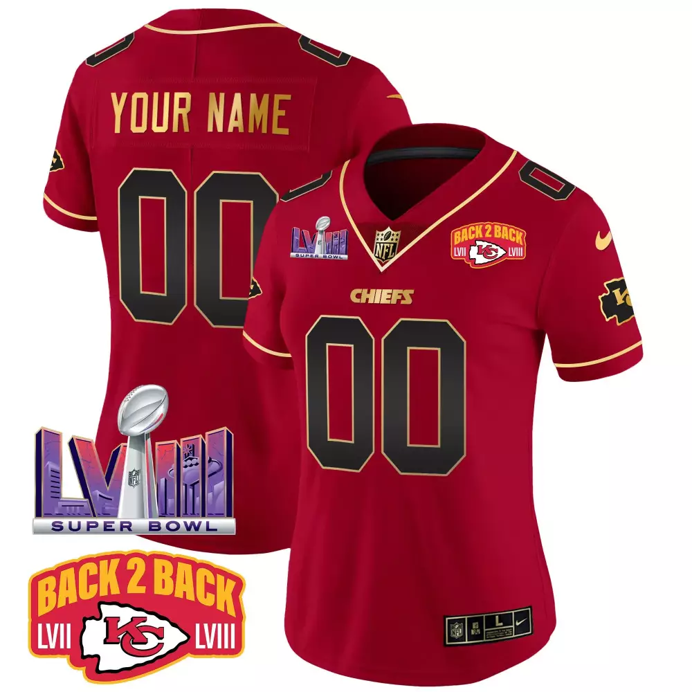 Red Special Women's Kansas City Chiefs Super Bowl LVIII Back 2 Back Gold Patch Vapor Custom Jersey V5 | All Stitched | Fan Gear for Women & Youth