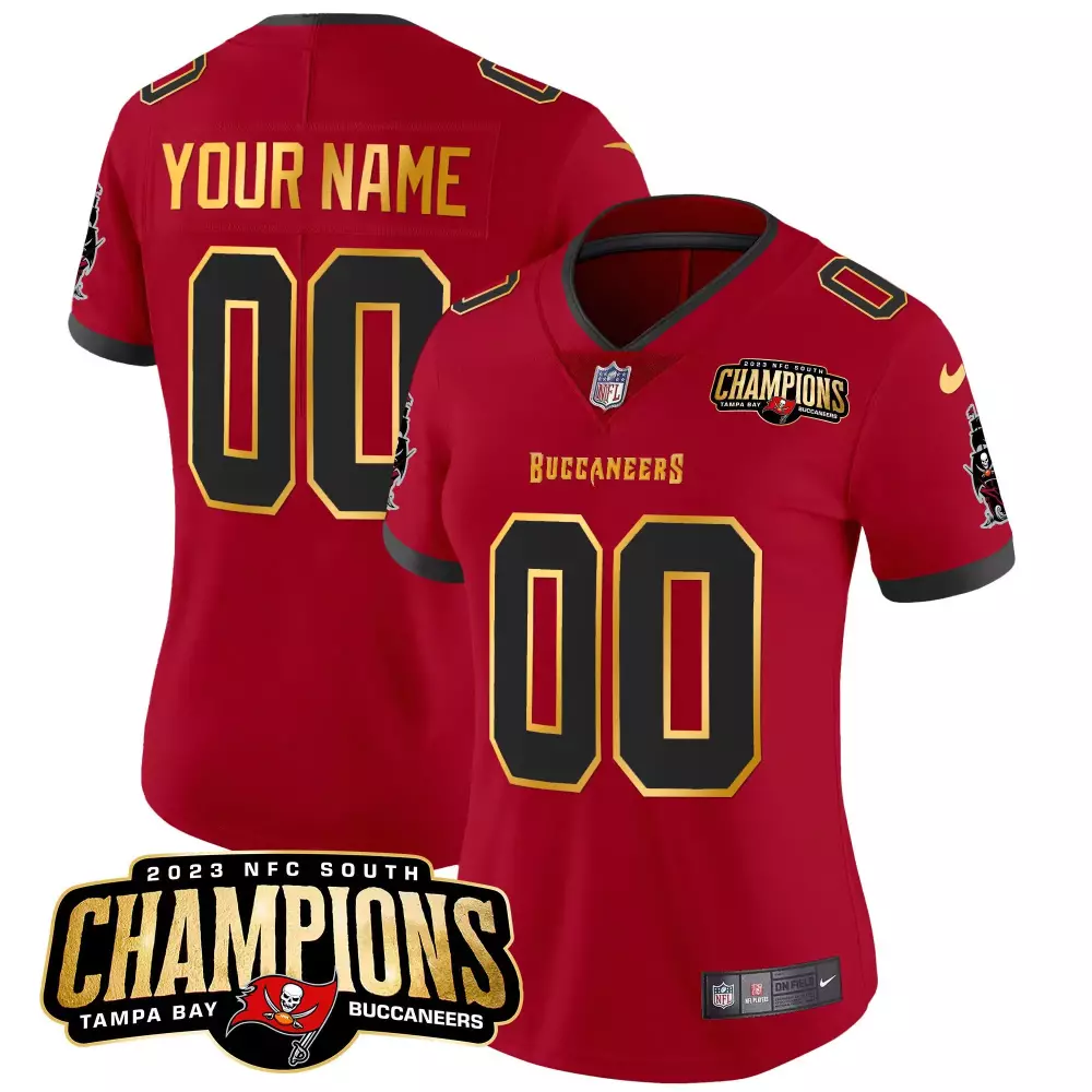 red women tampa bay buccaneers 2023 nfc south champions patch gold trim vapor custom jersey all stitched