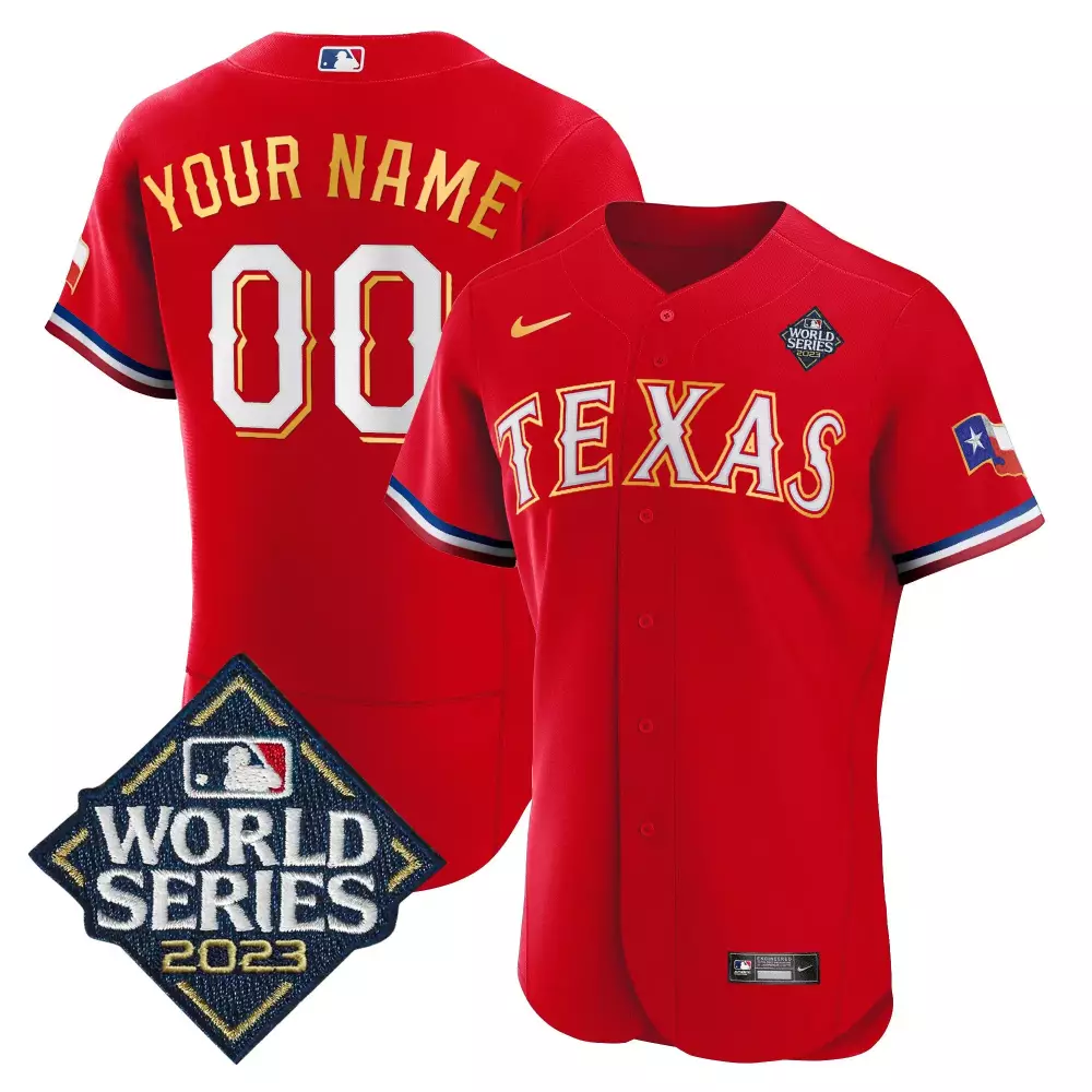 red youth texas rangers 2023 world series flex base gold trim custom jersey v2 all stitched