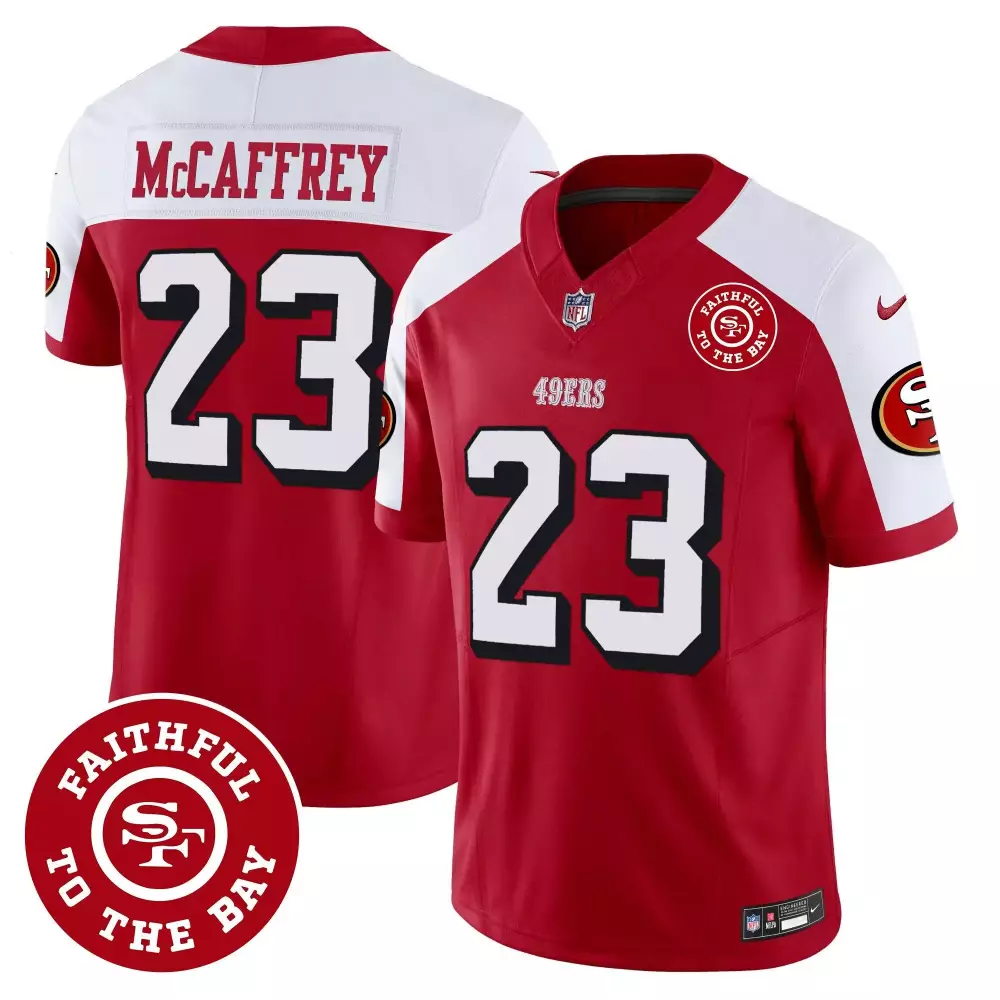 Christian McCaffrey Red White Men's 49ers Vapor Jersey | Faithful to the Bay Patch | Stylish Fan Gear | For Men, Women & Youth