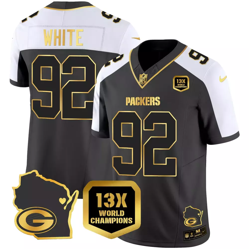 Reggie White Alternate Men's Green Bay Packers 13 Time World Champions Home Patch Gold Vapor Jersey V2 | All Stitched | For Men, Women & Youth