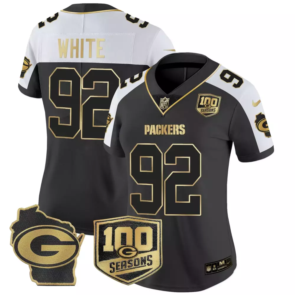 Reggie White Alternate Women's Green Bay Packers 100th Season Home Patch Gold Vapor Limited Jersey | All Stitched | For Men, Women & Youth