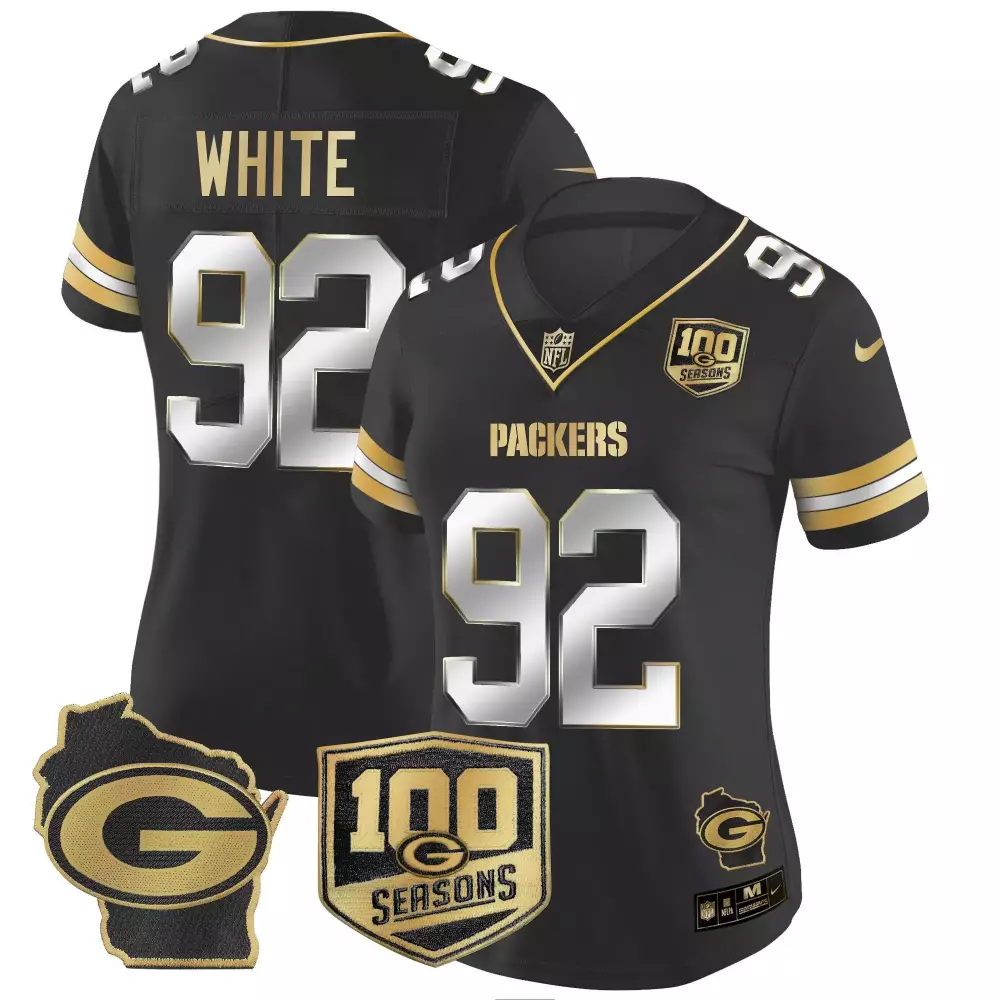 Reggie White Green Bay Packers Women's Black Limited Jersey | 100th Season Gold Vapor Stitched | Limited Edition Fan Gear | For Men, Women & Youth