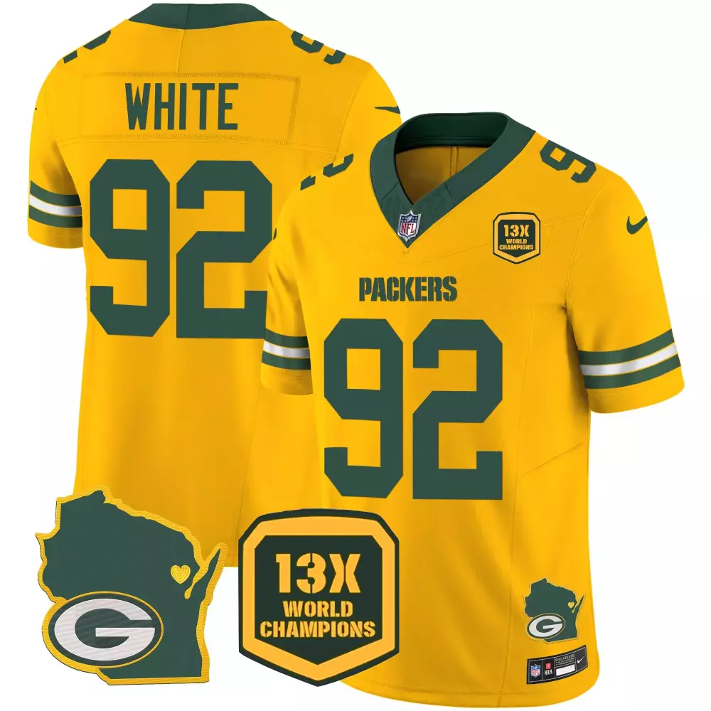 Reggie White Green Bay Packers 13 Time World Champions Home Patch Vapor Jersey V2 | All Stitched Fan Gear | For Men, Women & Youth