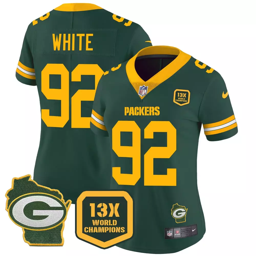 Reggie White Women's Green Bay Packers 13-Time Champions Home Patch Vapor Jersey | Stitched Fan Gear | For Women