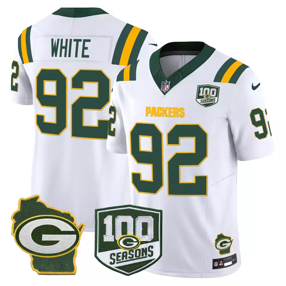 Reggie White White Men's Green Bay Packers 100th Season Home Patch Vapor Limited Jersey | Stitched Fan Gear | For Men