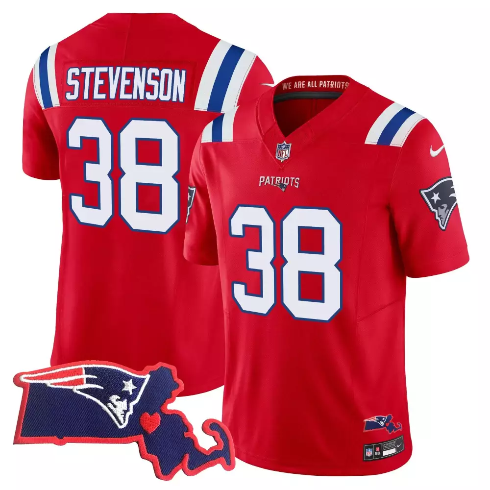 rhamondre stevenson red mens new england patriots bill belichick 6x champions patch vapor jersey all stitched