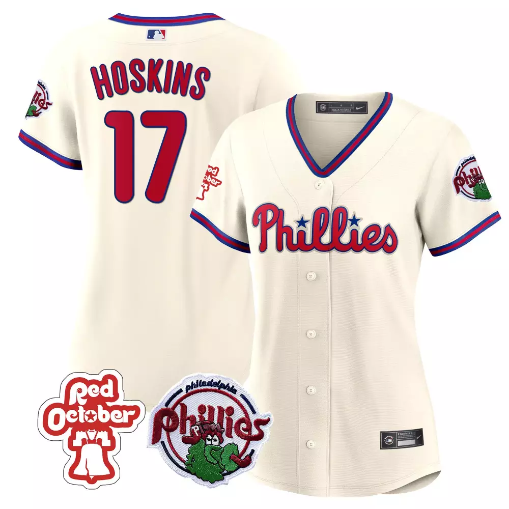 rhys hoskins cream womens philadelphia phillies red october patch jersey all stitched