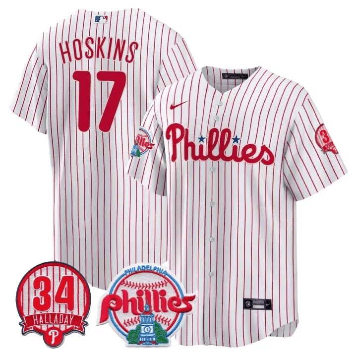 rhys hoskins white men s philadelphia phillies roy halladay patch 34 cool base jersey n all stitched
