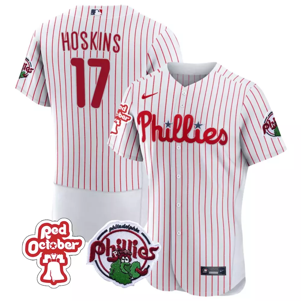 rhys hoskins white mens philadelphia phillies red october patch flex base jersey all stitched