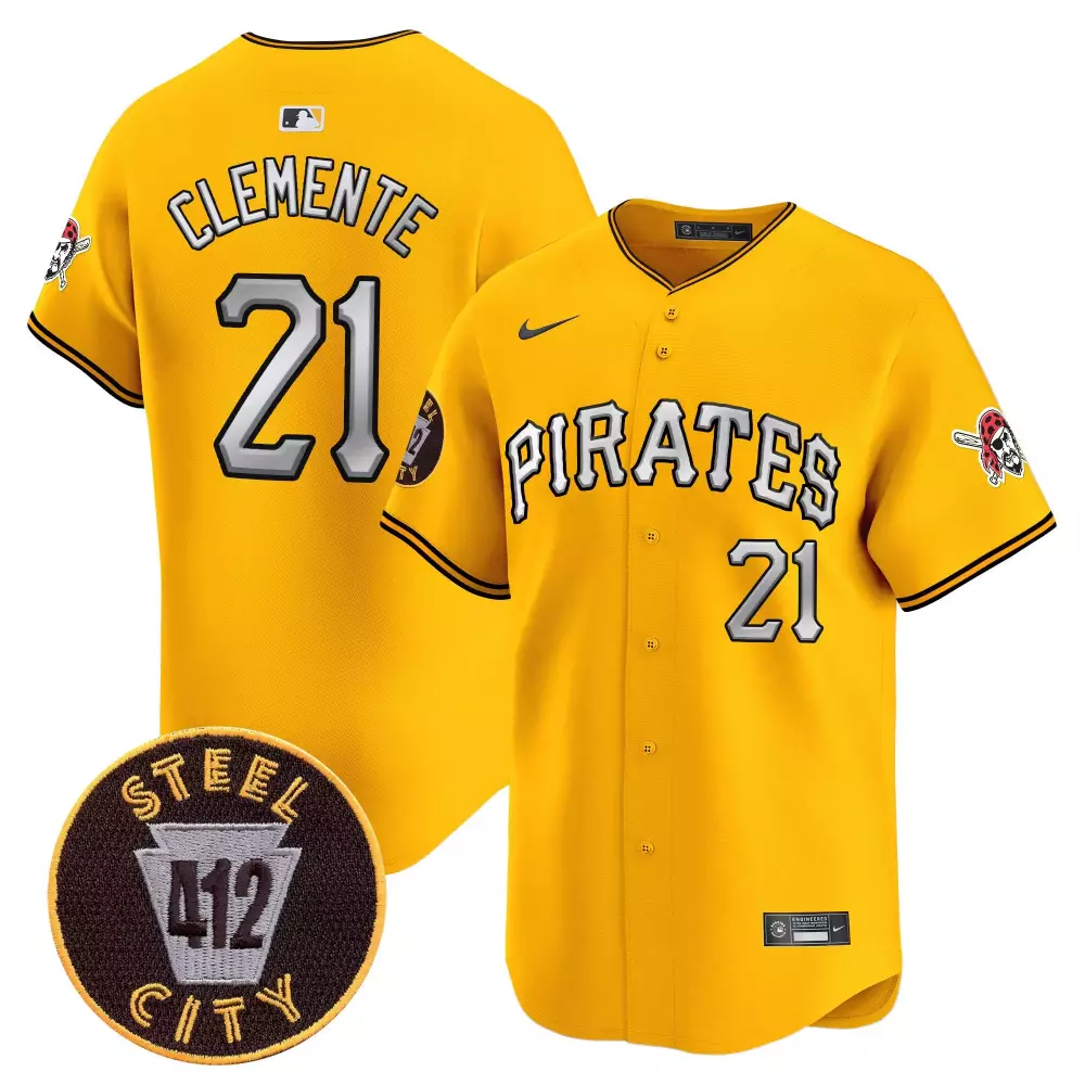 roberto clemente gold mens pittsburgh pirates 412 patch vapor premier limited jersey v5 all stitched