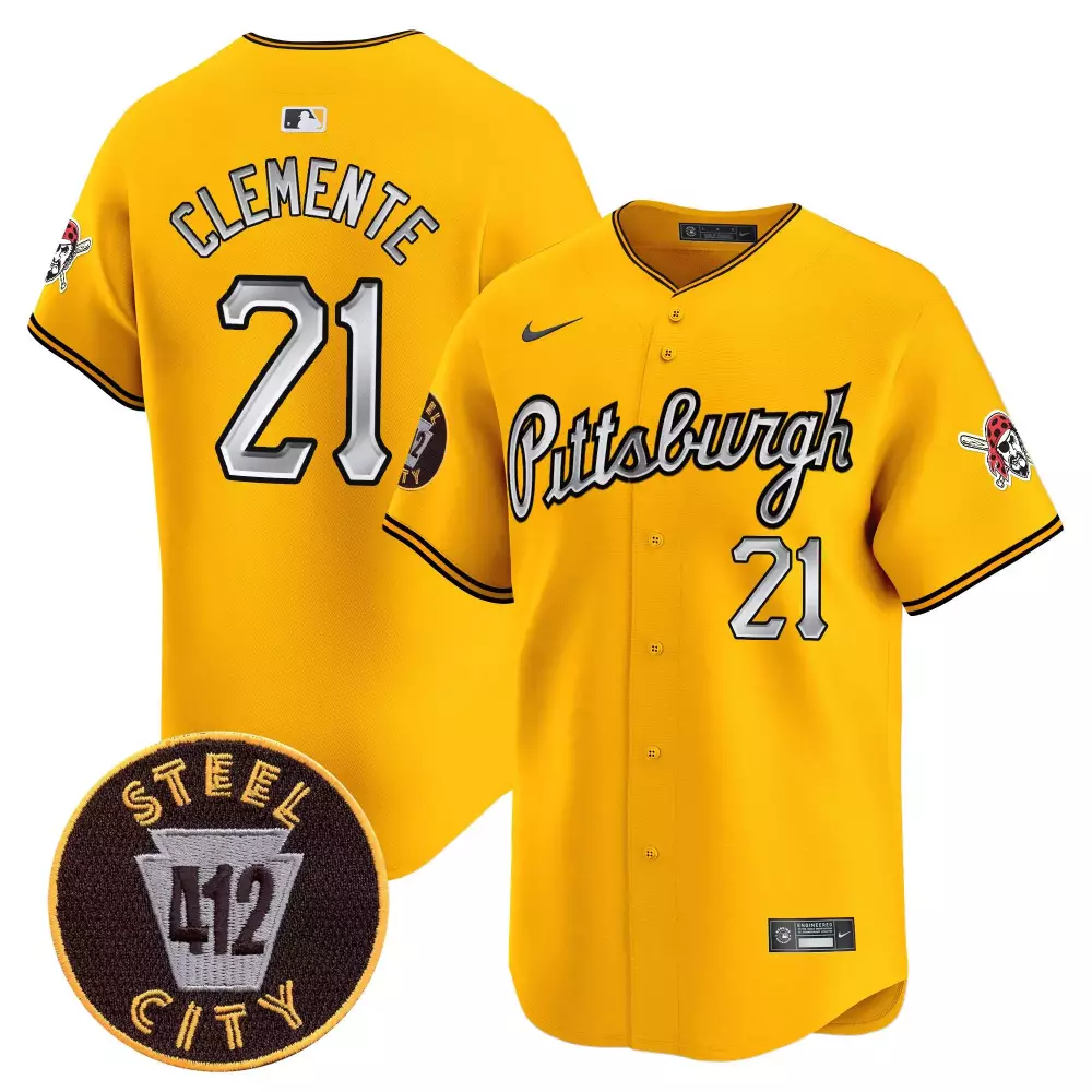 roberto clemente gold mens pittsburgh pirates 412 patch vapor premier limited jersey v5 all stitched