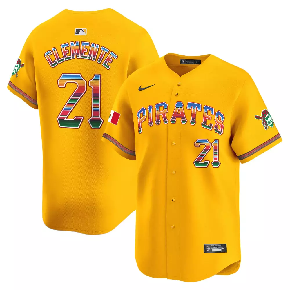 roberto clemente gold mens pittsburgh pirates 412 patch vapor premier limited jersey v5 all stitched