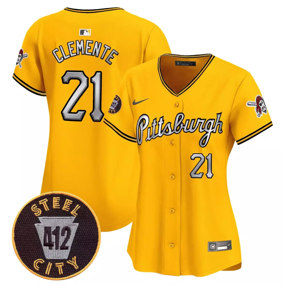 roberto clemente gold womens pittsburgh pirates 412 patch vapor premier limited jersey v7 all stitched
