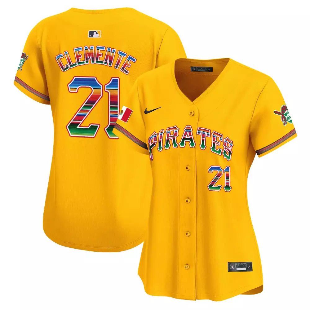 roberto clemente gold womens pittsburgh pirates 412 patch vapor premier limited jersey v7 all stitched
