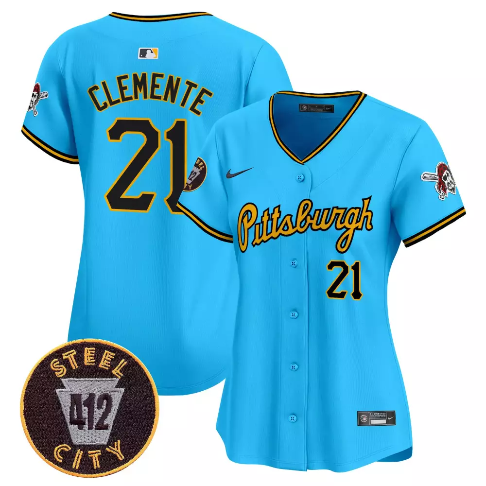 roberto clemente light blue womens pittsburgh pirates 412 patch vapor premier limited jersey v2 all stitched