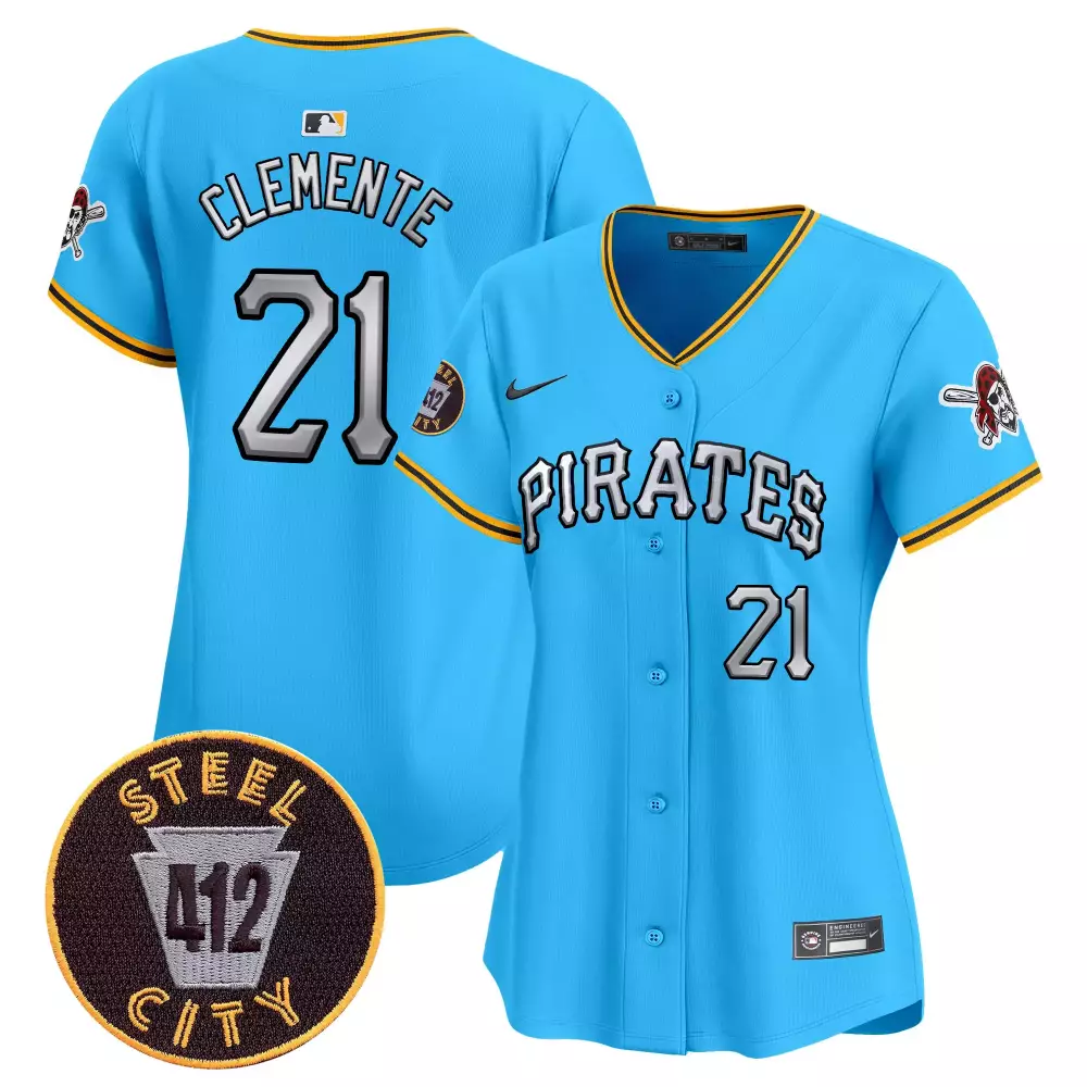 roberto clemente light blue womens pittsburgh pirates 412 patch vapor premier limited jersey v2 all stitched