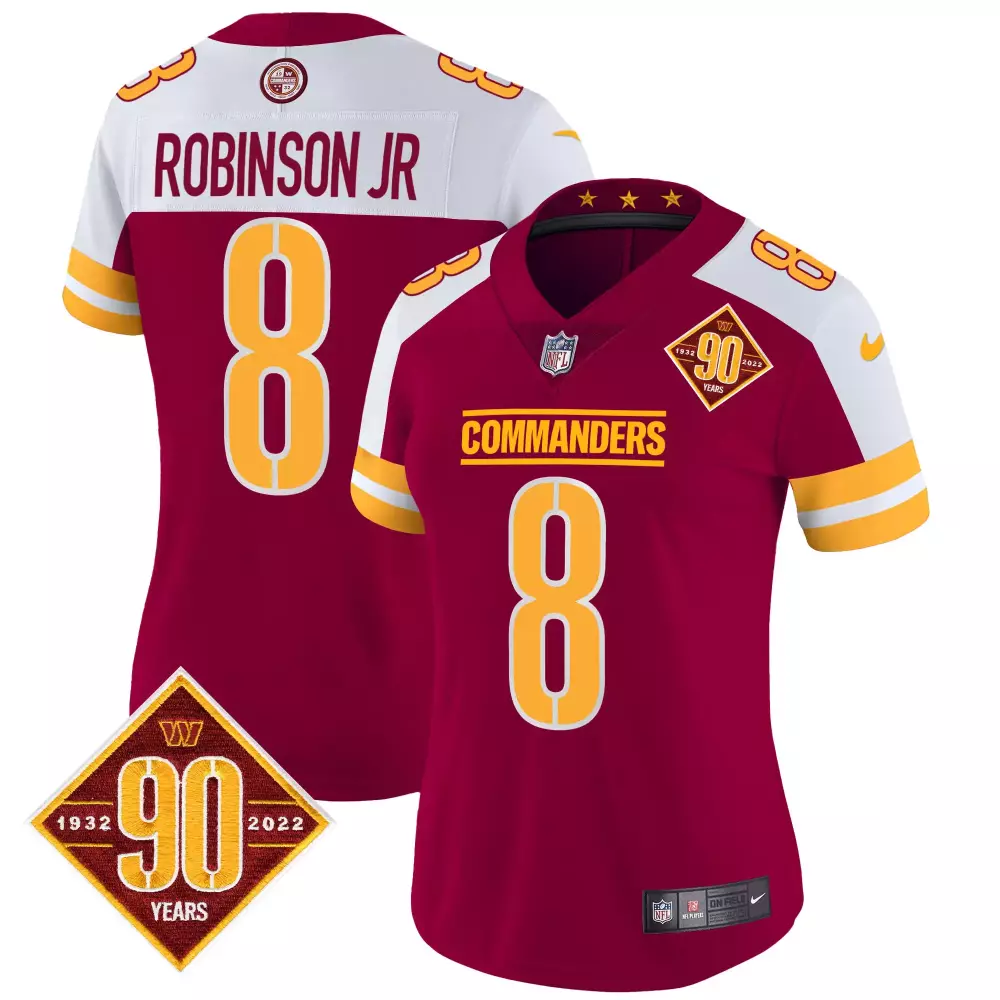 robinson jr burgundy alternate womens washington commanders 90th anniversary patch vapor jersey v2 all stitched