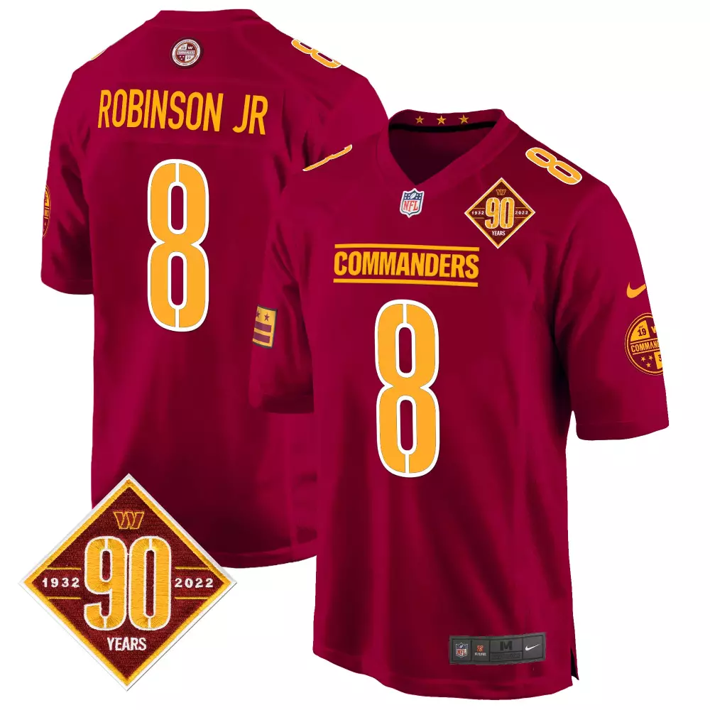 robinson jr burgundy mens washington commanders 90th anniversary patch game jersey all stitched