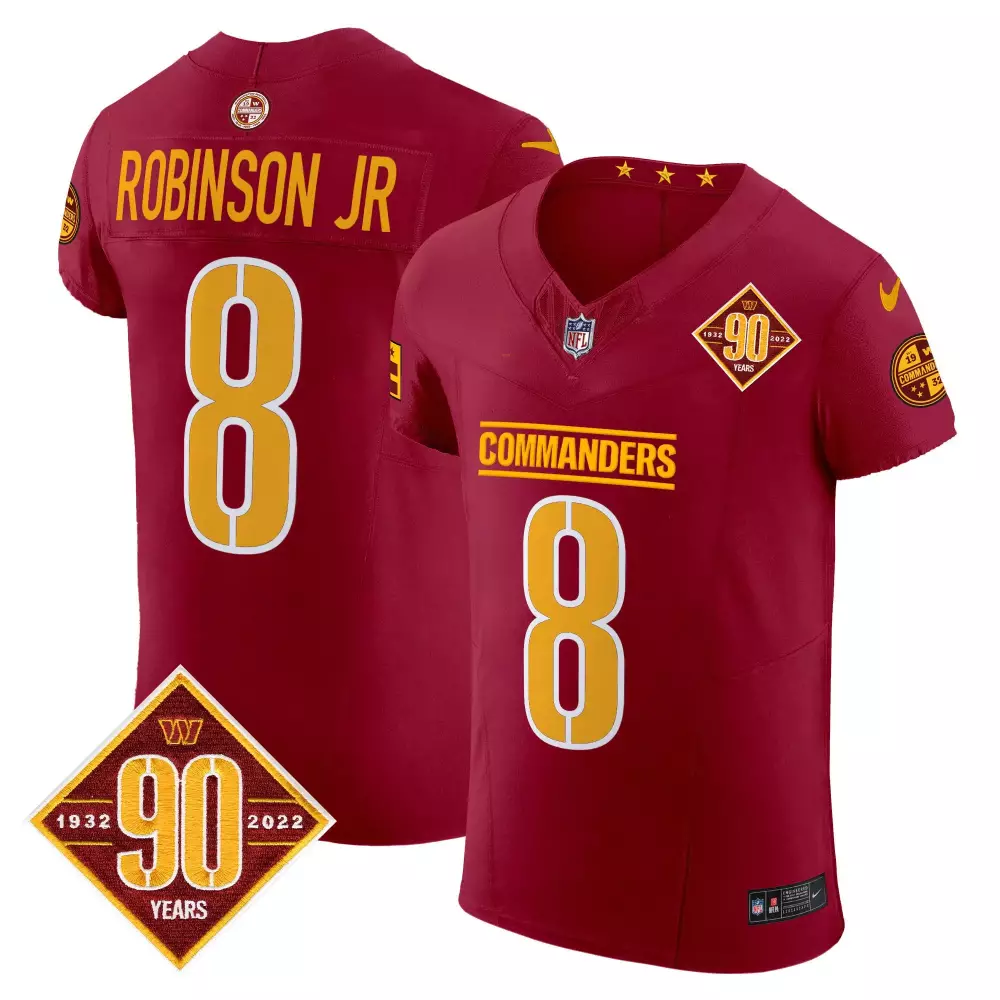 robinson jr burgundy mens washington commanders 90th anniversary patch game jersey all stitched