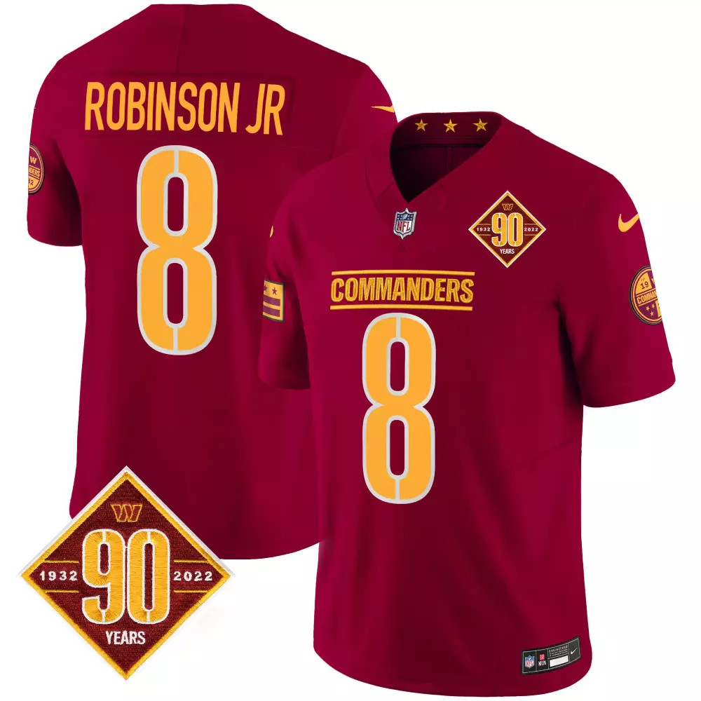 robinson jr burgundy mens washington commanders 90th anniversary patch game jersey all stitched
