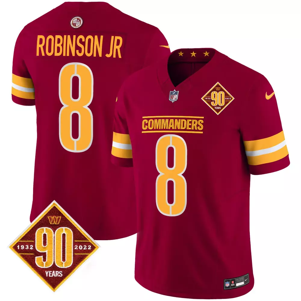 robinson jr burgundy mens washington commanders 90th anniversary patch game jersey all stitched