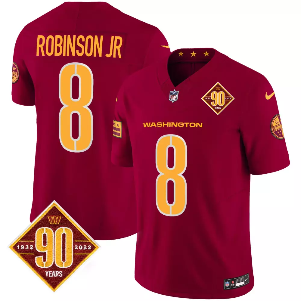 robinson jr burgundy mens washington commanders 90th anniversary patch game jersey all stitched